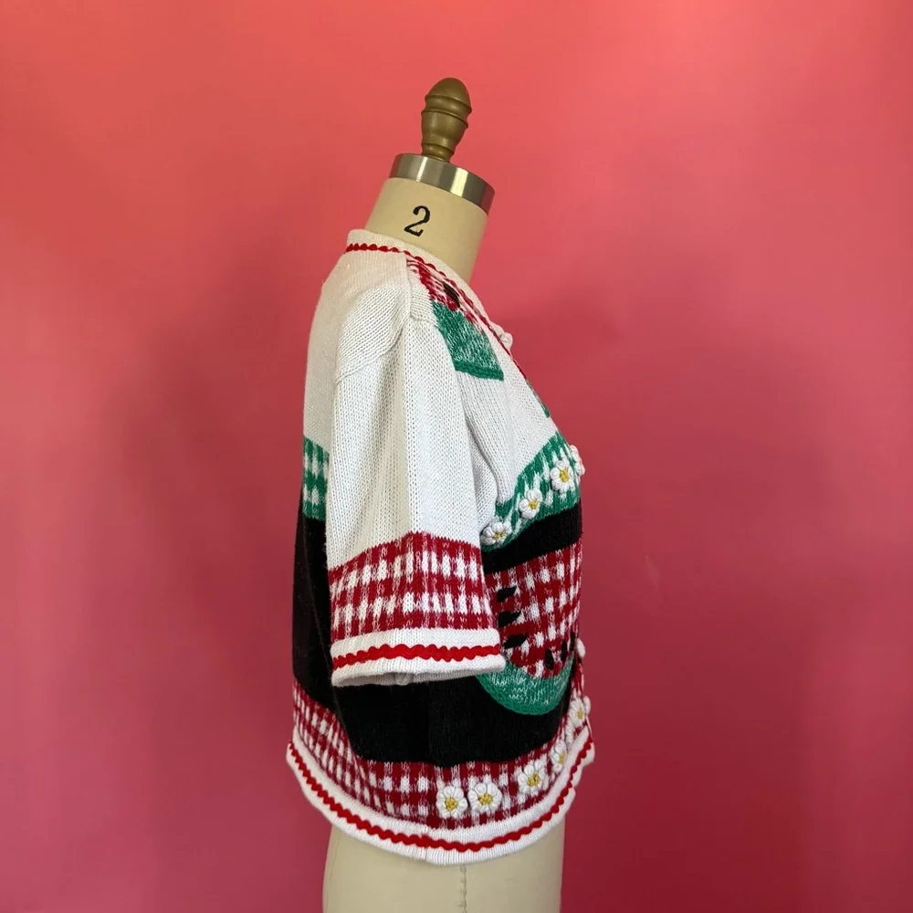Vintage 80s/90s Watermelon Picnic CottageCore Knitted Short Sleeve Cardigan S - Picture 7 of 11